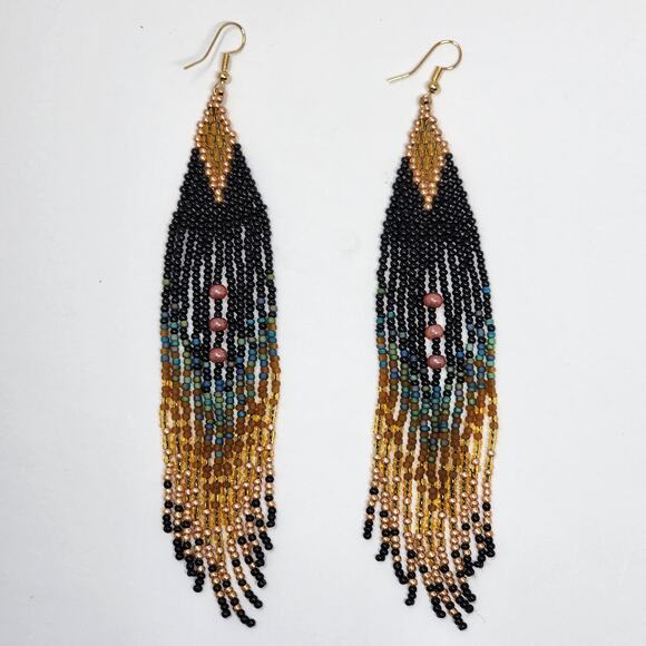 Sequences Boho Beaded Gold Black Earrings - Picture 1 of 5